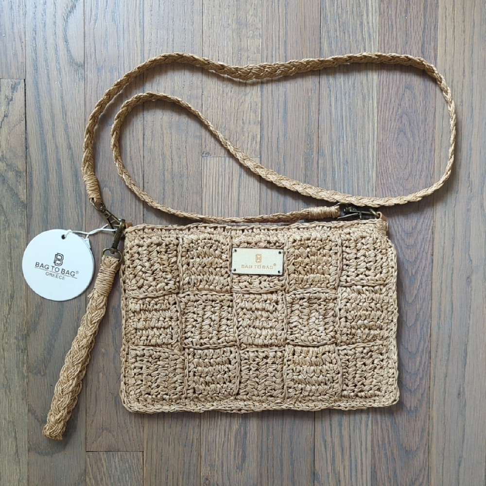 Tan Woven Crossbody Bag with Basketweave Design
